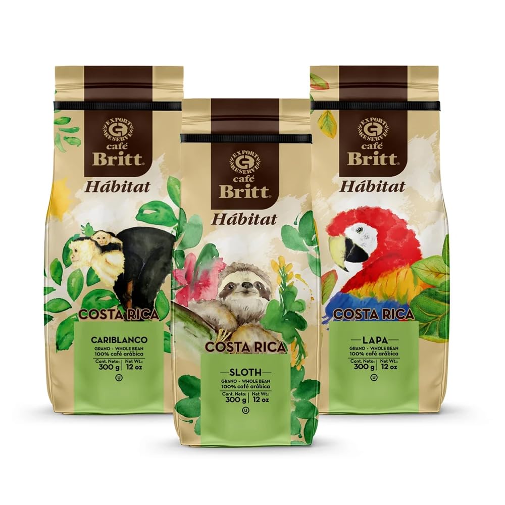 Café Britt® — Costa Rican Habitat kafijas komplekts (12 oz.) (3 iepakojumi) (Sloth, Lapa & Cariblanco) — kafijas pupiņas, arabikas kafija, košers, bez lipekļa, gardēdis un vidēji gaišs un tumšs grauzdējums